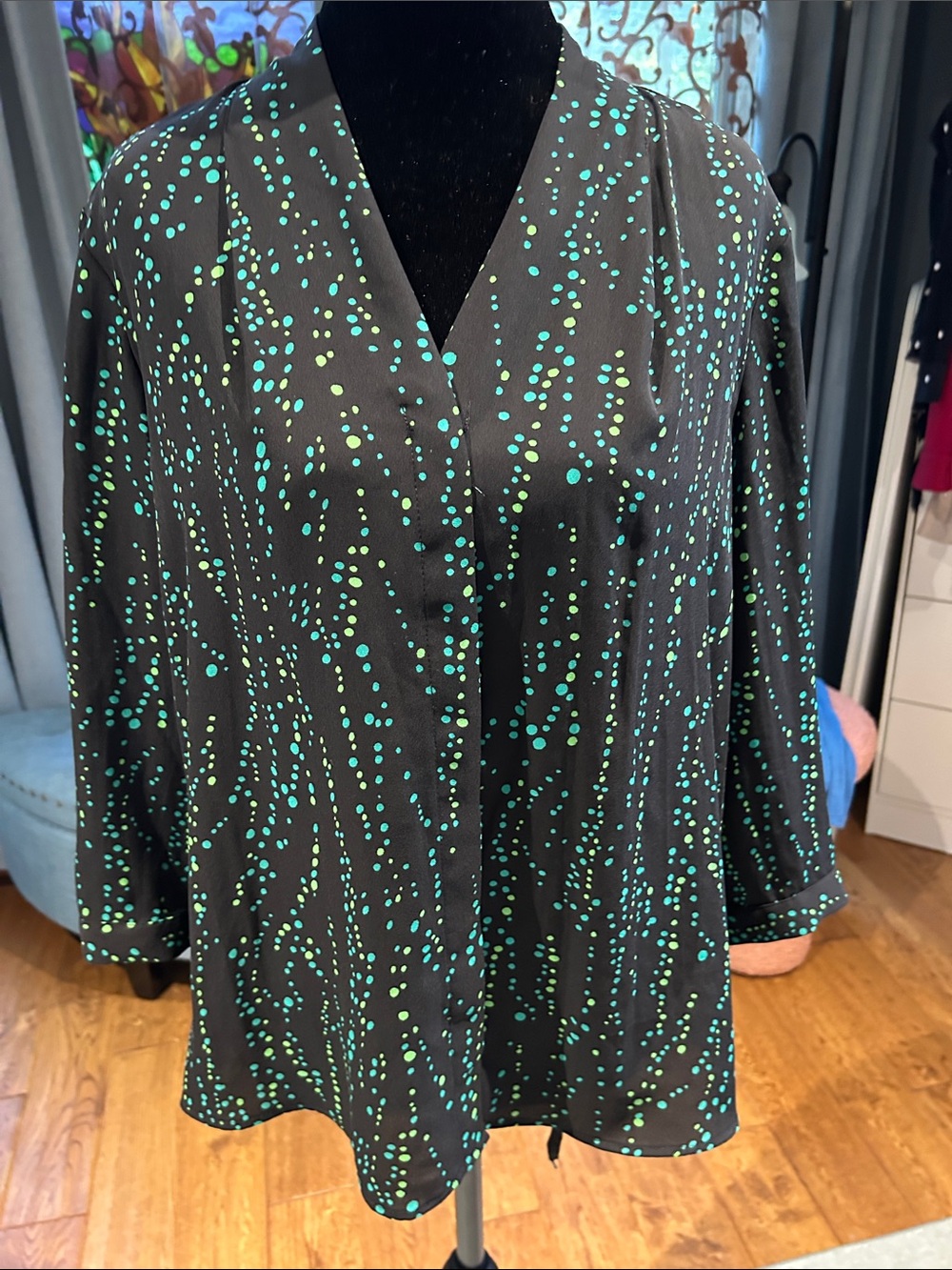 Investments Black Blouse with Teal and Lime Dot Pattern